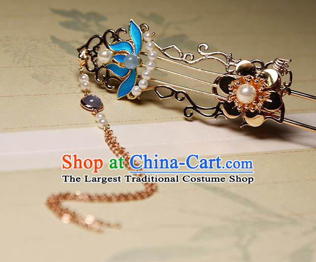 Chinese Traditional Ming Dynasty Blue Lotus Hair Stick Ancient Princess Golden Lute Tassel Hairpin