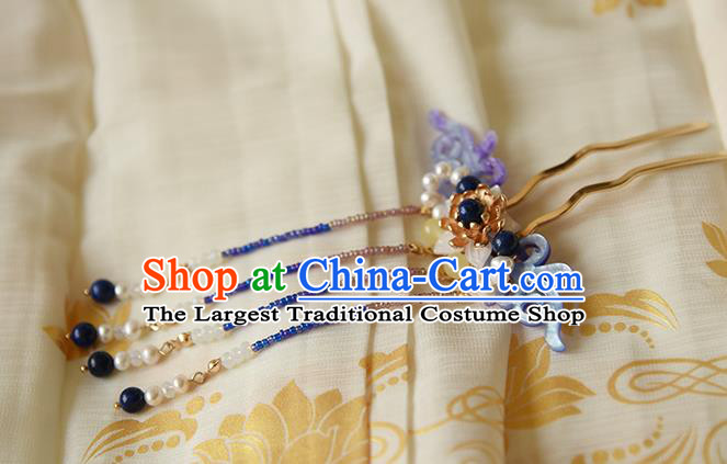 Chinese Traditional Hanfu Purple Shell Hair Comb Ancient Fairy Princess Beads Tassel Hairpin