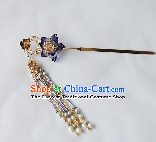 Chinese Traditional Ming Dynasty Pearls Tassel Hair Stick Ancient Princess Purple Lotus Hairpin