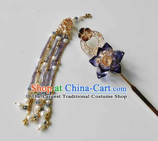 Chinese Traditional Ming Dynasty Pearls Tassel Hair Stick Ancient Princess Purple Lotus Hairpin