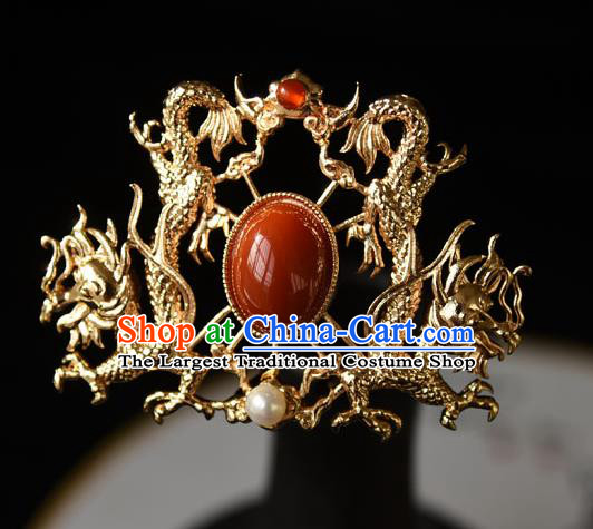 Chinese Traditional Ming Dynasty Golden Dragons Hair Crown Ancient Court Empress Hairpin