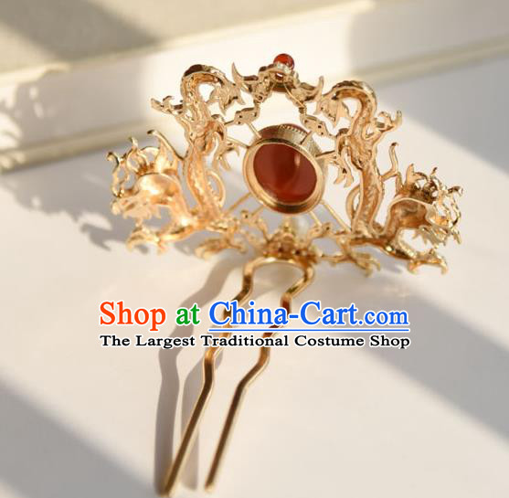 Chinese Traditional Ming Dynasty Golden Dragons Hair Crown Ancient Court Empress Hairpin