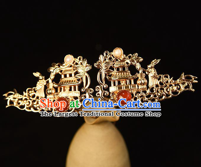 Chinese Ancient Court Woman Hairpin Traditional Ming Dynasty Empress Golden Moon Palace Hair Stick