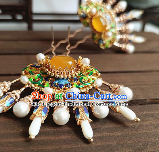 Chinese Traditional Ming Dynasty Princess Pearls Hair Stick Ancient Palace Lady Cloisonne Jade Hairpin