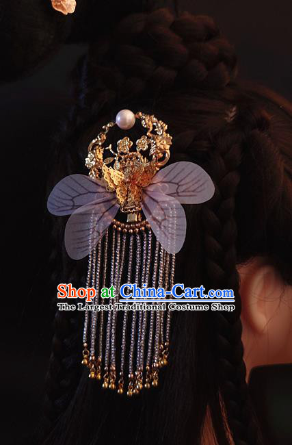 Chinese Traditional Hanfu Wings Hair Claw Ancient Palace Princess Golden Butterfly Tassel Hairpin