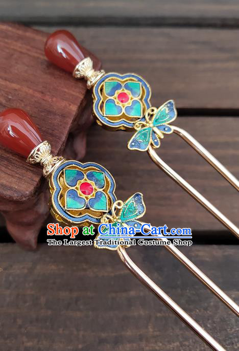 Chinese Traditional Hanfu Agate Hair Stick Ancient Palace Princess Cloisonne Butterfly Hairpin