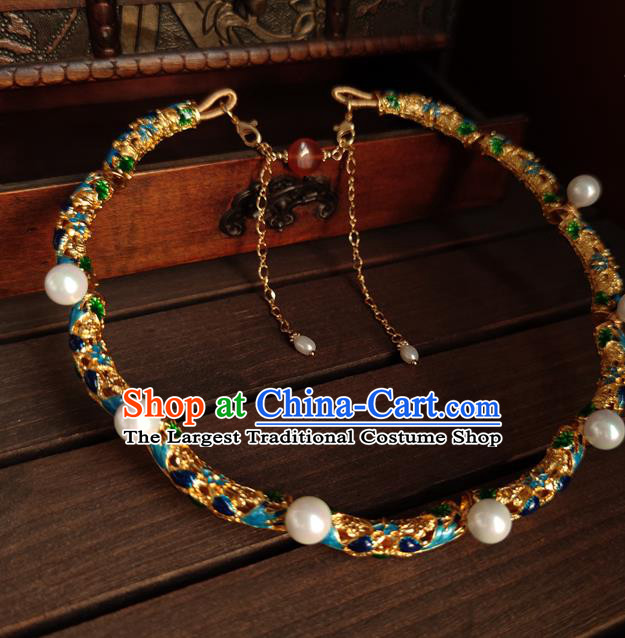 China Classical Ancient Court Woman Pearls Necklace Traditional Ming Dynasty Cloisonne Necklet Accessories