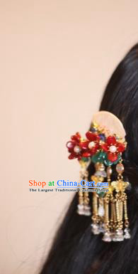 Chinese Traditional Hanfu Shell Carving Fan Hair Stick Ancient Palace Lady Red Flowers Tassel Hairpin
