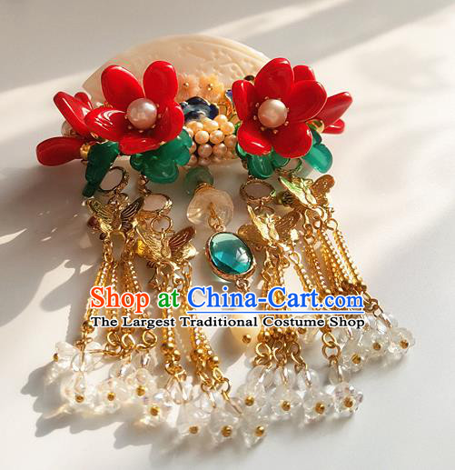 Chinese Traditional Hanfu Shell Carving Fan Hair Stick Ancient Palace Lady Red Flowers Tassel Hairpin