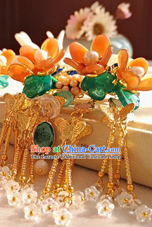 Chinese Ancient Palace Lady Orange Flowers Tassel Hairpin Traditional Hanfu Shell Carving Fan Hair Stick
