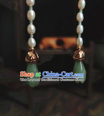 China Handmade Ancient Princess Pearls Earrings Jewelry Traditional Ming Dynasty Jade Mangnolia Ear Accessories