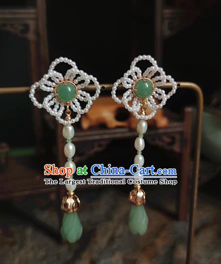 China Handmade Ancient Princess Pearls Earrings Jewelry Traditional Ming Dynasty Jade Mangnolia Ear Accessories