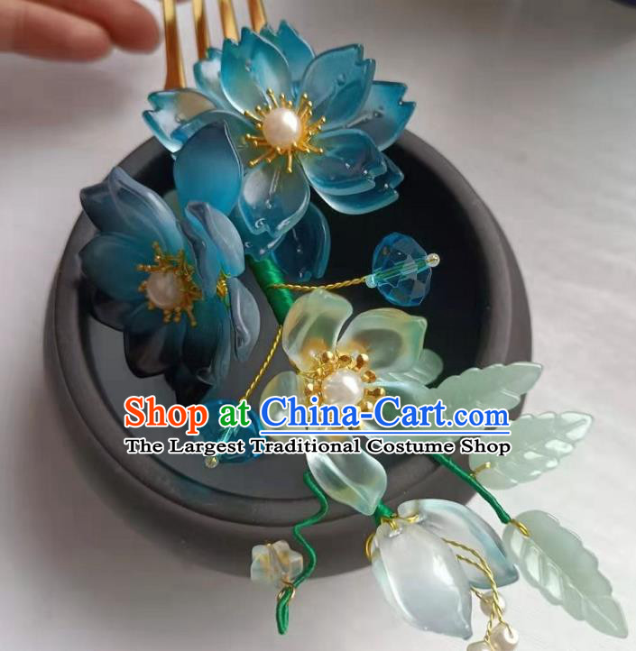 Chinese Ancient Palace Lady Hairpin Traditional Ming Dynasty Princess Blue Lotus Hair Stick