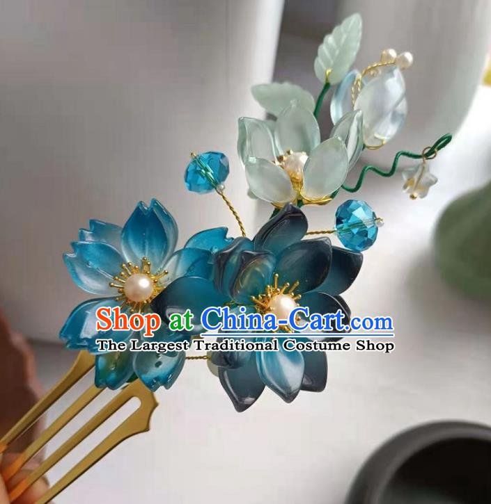 Chinese Ancient Palace Lady Hairpin Traditional Ming Dynasty Princess Blue Lotus Hair Stick