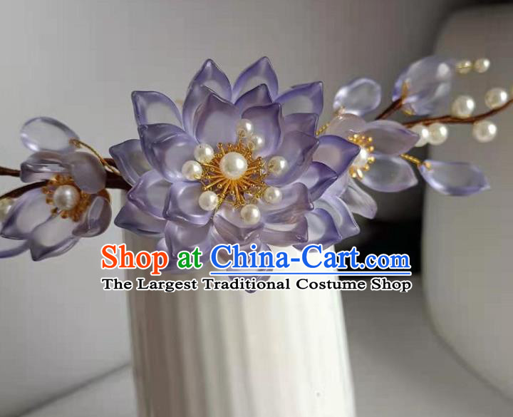 Chinese Ancient Court Woman Pearls Hair Comb Traditional Ming Dynasty Princess Purple Lotus Hair Crown