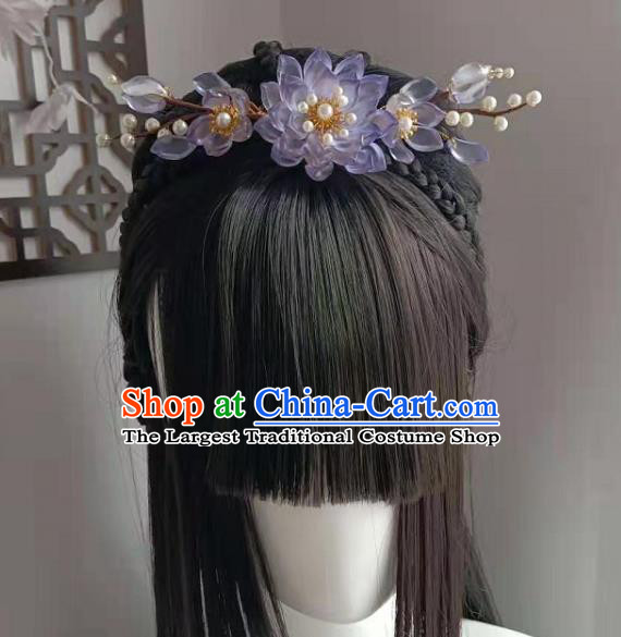 Chinese Ancient Court Woman Pearls Hair Comb Traditional Ming Dynasty Princess Purple Lotus Hair Crown