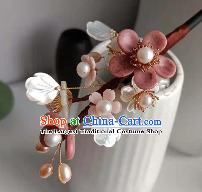 Chinese Ancient Young Lady Shell Pearls Hairpin Traditional Ming Dynasty Princess Rose Stone Hair Stick