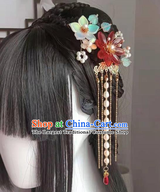 Chinese Ancient Palace Beauty Pearls Tassel Hairpin Traditional Ming Dynasty Princess Red Lotus Hair Comb