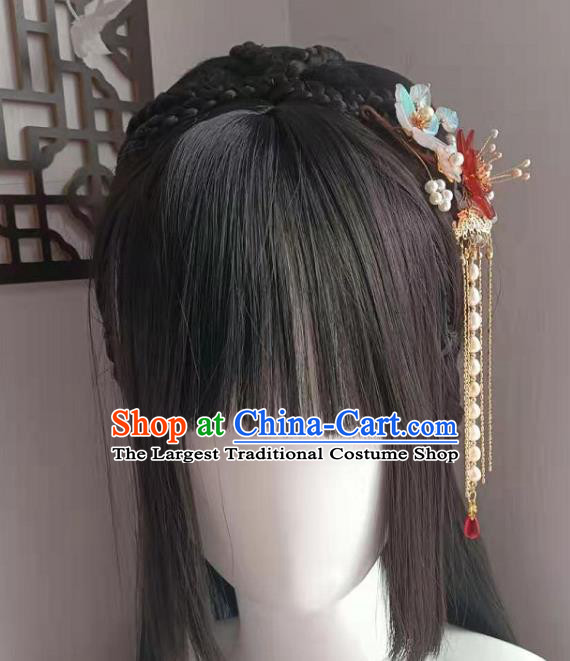 Chinese Ancient Palace Beauty Pearls Tassel Hairpin Traditional Ming Dynasty Princess Red Lotus Hair Comb
