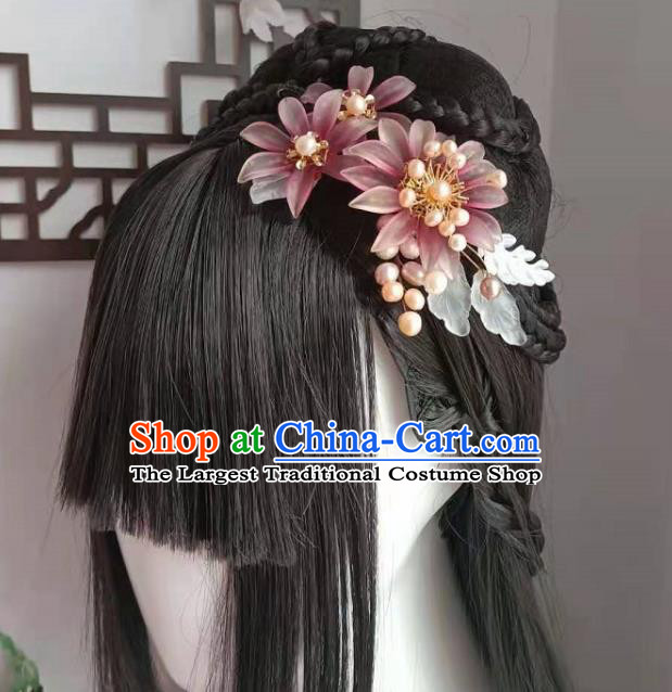 Chinese Ancient Princess Purple Chrysanthemum Hairpin Traditional Ming Dynasty Hanfu Pearls Hair Comb