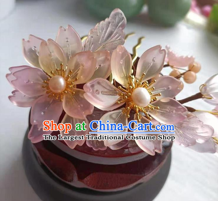Chinese Ancient Noble Lady Hairpin Traditional Song Dynasty Hanfu Pink Flowers Hair Comb