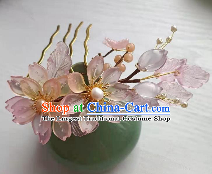 Chinese Ancient Noble Lady Hairpin Traditional Song Dynasty Hanfu Pink Flowers Hair Comb