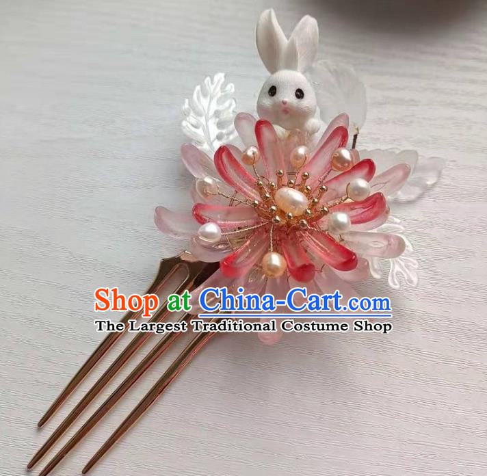 Chinese Ancient Princess Pink Chrysanthemum Hairpin Traditional Ming Dynasty Hanfu Pearls Hair Comb