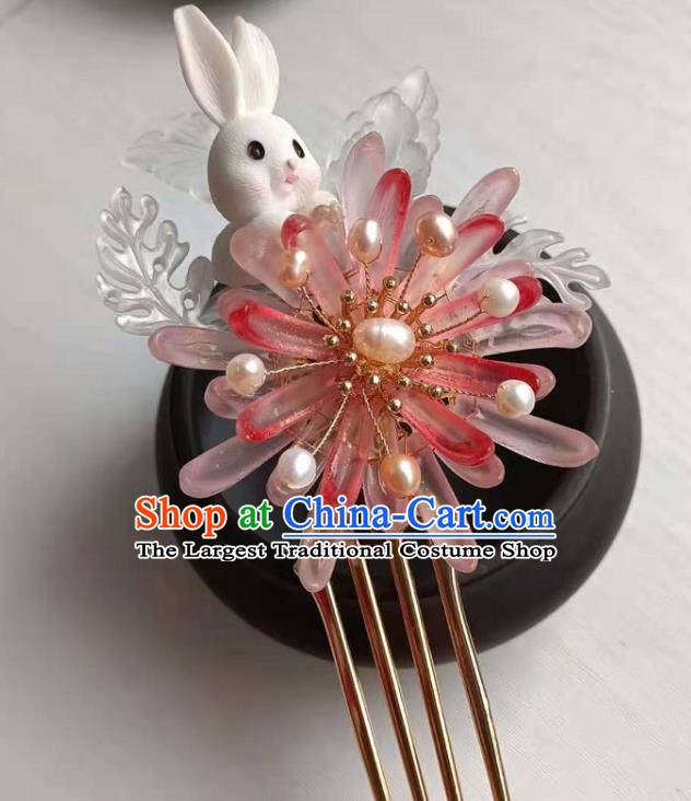Chinese Ancient Princess Pink Chrysanthemum Hairpin Traditional Ming Dynasty Hanfu Pearls Hair Comb
