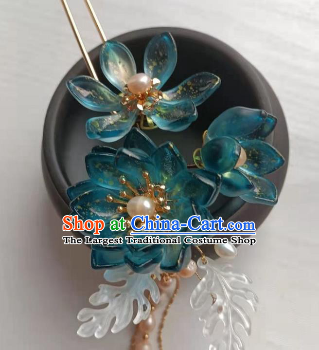 Chinese Ancient Palace Lady Blue Lotus Hairpin Traditional Ming Dynasty Hanfu Pearls Tassel Hair Stick