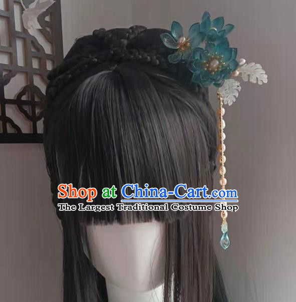 Chinese Ancient Palace Lady Blue Lotus Hairpin Traditional Ming Dynasty Hanfu Pearls Tassel Hair Stick