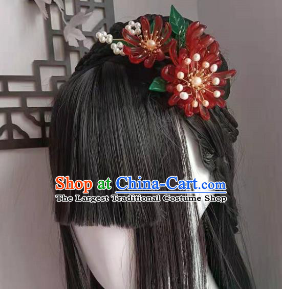 Chinese Ancient Patrician Lady Hairpin Hair Accessories Traditional Ming Dynasty Hanfu Red Chrysanthemum Hair Stick