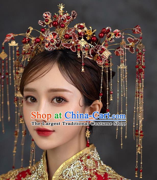 Chinese Xiuhe Suit Bride Hair Crown Classical Red Flowers Phoenix Coronet Traditional Wedding Headdress
