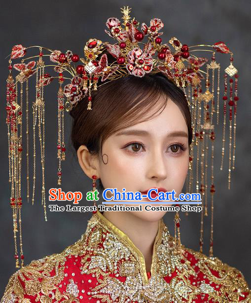 Chinese Xiuhe Suit Bride Hair Crown Classical Red Flowers Phoenix Coronet Traditional Wedding Headdress