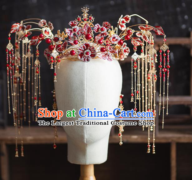 Chinese Xiuhe Suit Bride Hair Crown Classical Red Flowers Phoenix Coronet Traditional Wedding Headdress