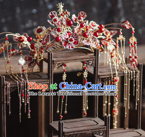 Chinese Xiuhe Suit Bride Hair Crown Classical Red Flowers Phoenix Coronet Traditional Wedding Headdress