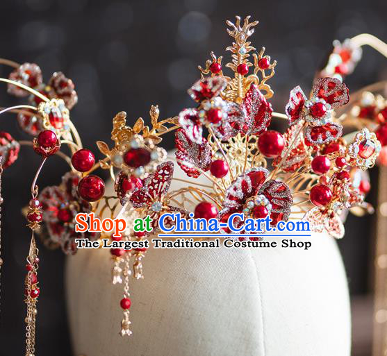 Chinese Xiuhe Suit Bride Hair Crown Classical Red Flowers Phoenix Coronet Traditional Wedding Headdress