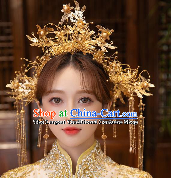 Chinese Classical Golden Leaf Phoenix Coronet Traditional Wedding Headdress Xiuhe Suit Bride Hair Crown