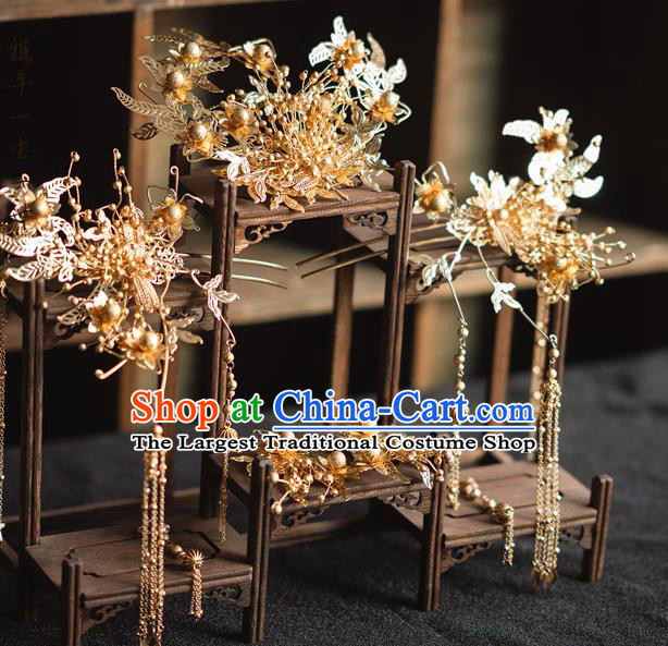 Chinese Classical Golden Leaf Phoenix Coronet Traditional Wedding Headdress Xiuhe Suit Bride Hair Crown