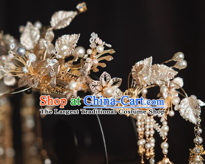 Chinese Classical Bride Tassel Phoenix Coronet Traditional Wedding Headwear Xiuhe Suit Golden Leaf Hair Crown