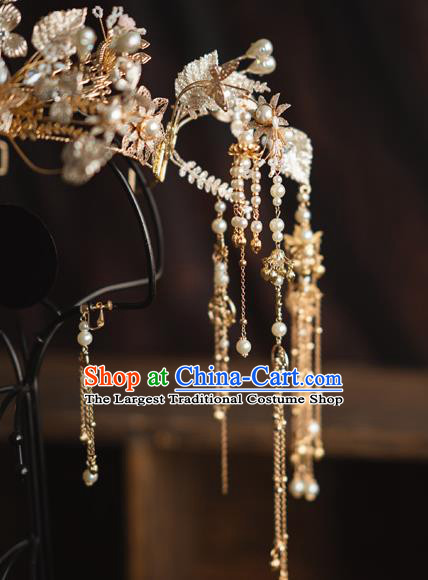 Chinese Classical Bride Tassel Phoenix Coronet Traditional Wedding Headwear Xiuhe Suit Golden Leaf Hair Crown