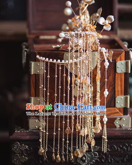 Chinese Classical Bride Tassel Hair Sticks Traditional Wedding Headwear Xiuhe Suit Golden Flowers Hairpins