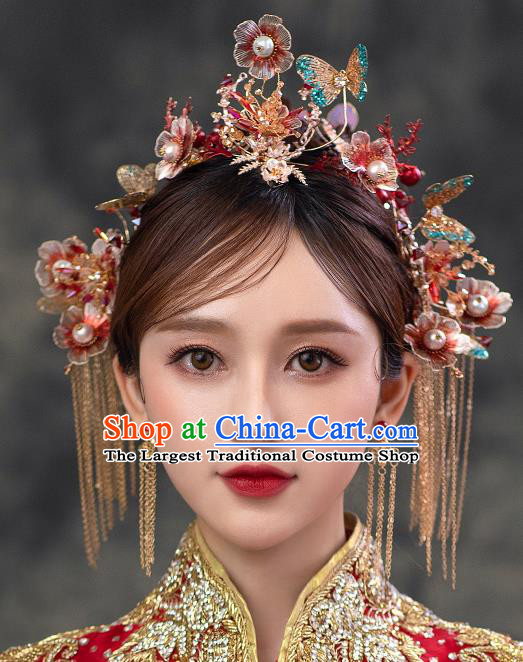 Chinese Classical Bride Flowers Hairpins Traditional Wedding Headwear Xiuhe Suit Blue Butterfly Hair Crown