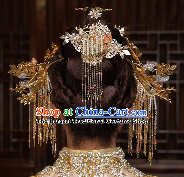 Chinese Classical Bride Hairpins Traditional Wedding Hair Accessories Xiuhe Suit Tassel Hair Comb