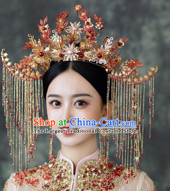 Chinese Classical Bride Tassel Hair Crown Traditional Wedding Hair Accessories Xiuhe Suit Phoenix Coronet