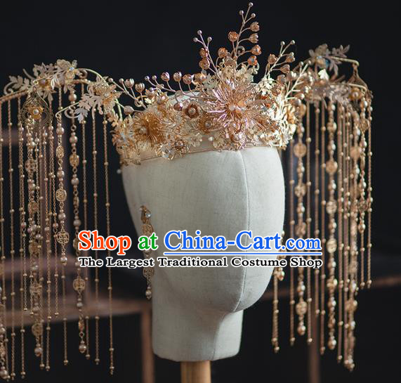 Chinese Classical Bride Luxury Tassel Phoenix Coronet Traditional Wedding Hair Accessories Xiuhe Suit Golden Hair Crown