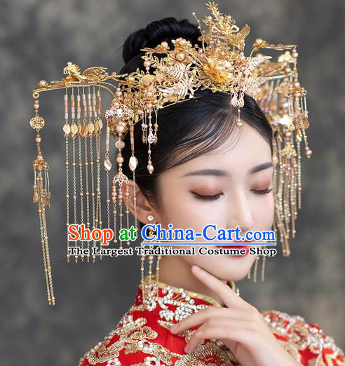 Chinese Xiuhe Suit Golden Hair Crown Classical Bride Phoenix Coronet Traditional Wedding Hair Accessories