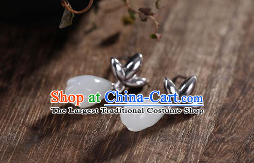 China Handmade Silver Earrings Traditional Cheongsam Jade Mangnolia Ear Accessories