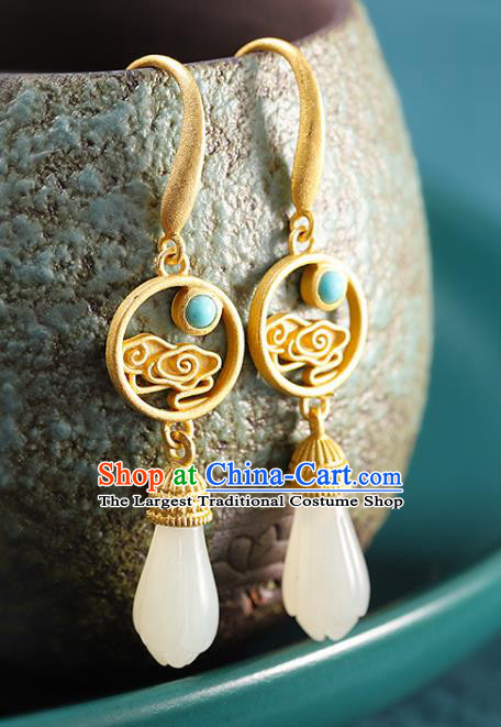 China Handmade Golden Cloud Earrings Traditional Cheongsam Hetian Jade Ear Accessories