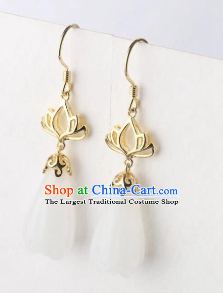 China Handmade National Jade Mangnolia Earrings Traditional Cheongsam Golden Lotus Ear Accessories
