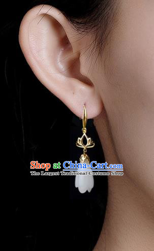 China Handmade National Jade Mangnolia Earrings Traditional Cheongsam Golden Lotus Ear Accessories